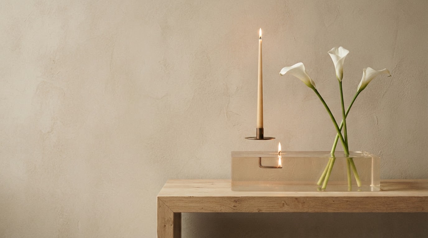 Morgenlicht fällt auf weiße Calla-Lilien und eine brennende Kerze